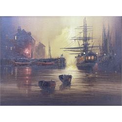 Barry Hilton (British 1941-): Moored Galleons at Night, oil on canvas signed 30cm x 40cm