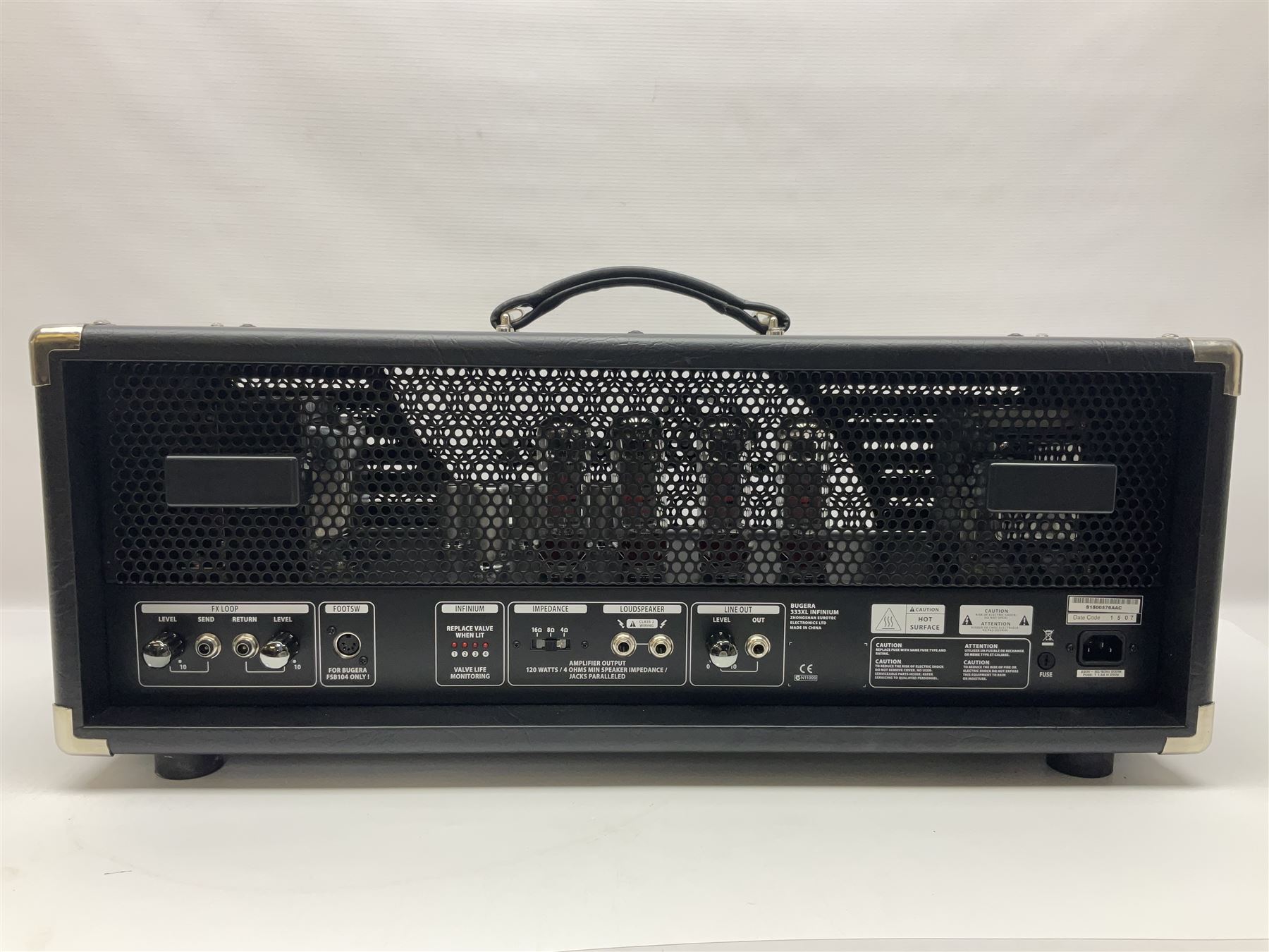 As new Bugera 333XL Infinium Hardcore 120-watt 3-channel tube amplifier head with reverb and Infinium tube life multiplier; date code 1507; number S1500576AAC L69cm; boxed with foot controller, power cable and paperwork