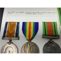 WWI pair of medals comprising British War Medal and Victory Medal awarded to 2nd Lieutenant C.T. Draper; and WWII Defence Medal awarded to Captain C.T. Draper with War Office letter of confirmation; all with ribbons (3)