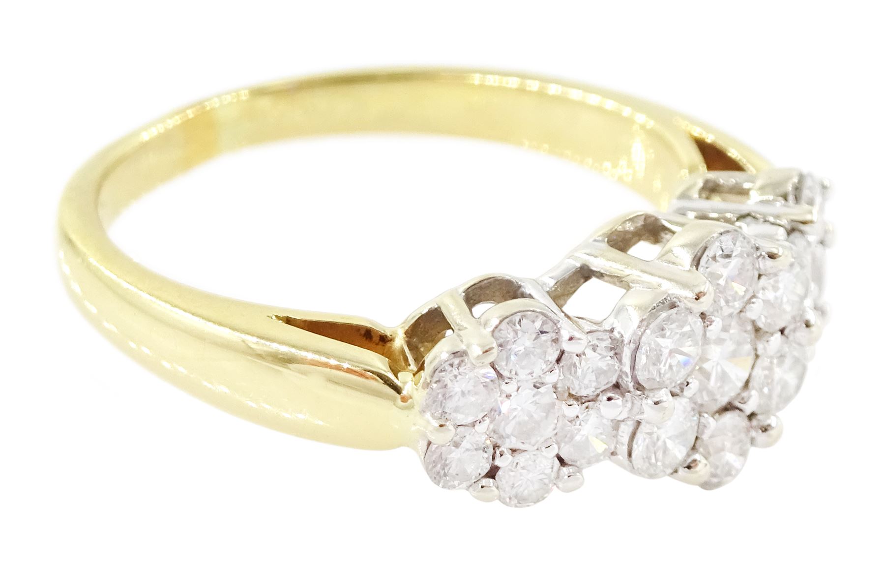 18ct gold diamond flower head cluster ring, three clusters each set with seven round brilliant cut diamonds, total diamond weight approx 0.90 carat