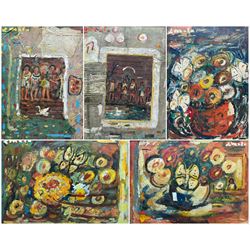 Leucio Mele (Italian 20th century): Abstracts with Figures and Flowers, set five mixed media on boards signed 45cm x 30cm (5)