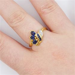 18ct gold oval and calibre cut sapphire and diamond ring stamped