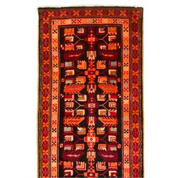 North West Persian Heriz runner, dark indigo ground field decorated with Herati motifs, peach and red borders with geometric design 