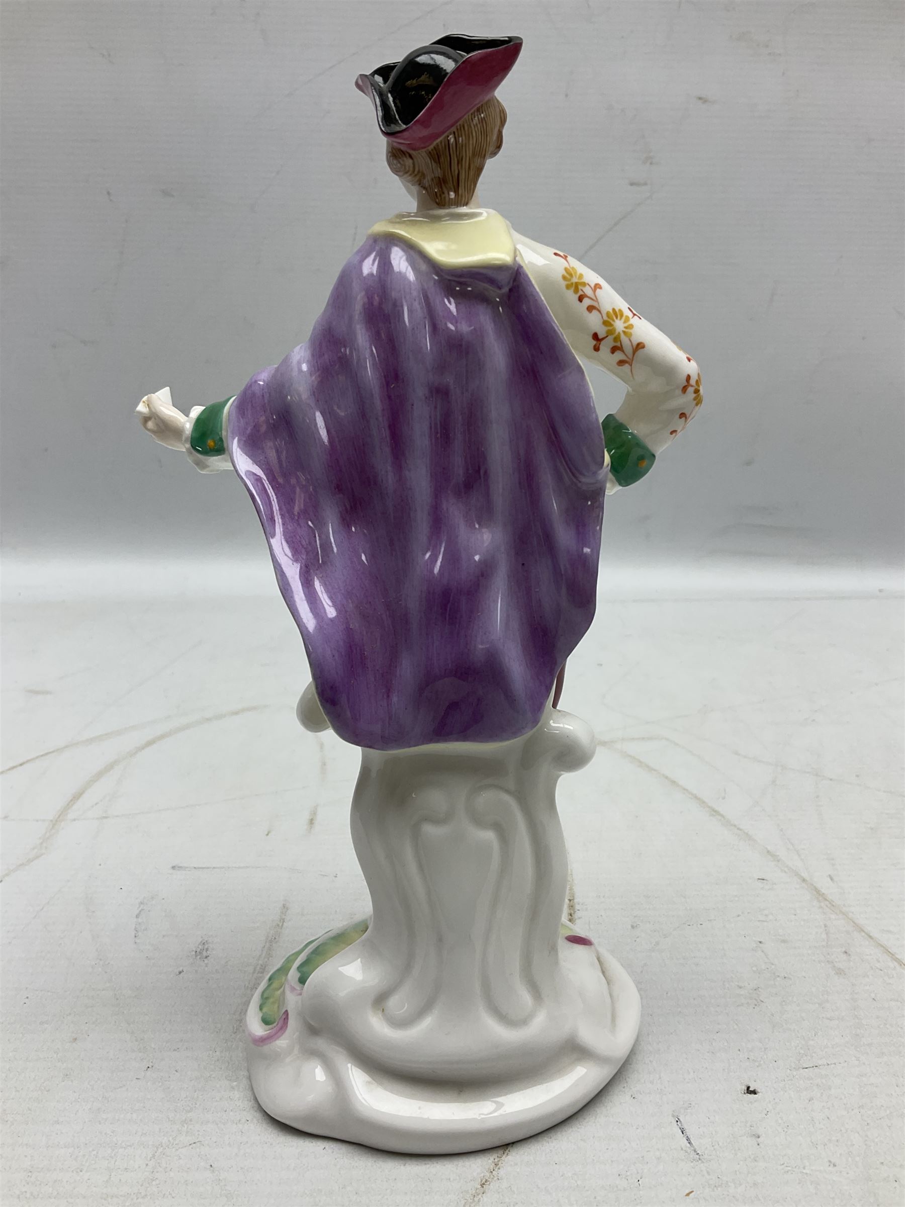 Seven Spode Chelsea figures, comprising no.1, no.2, no.3, no.4, no.6 and two further smaller examples, together with a Dresden figure of a gentleman, no. K10003, and a Delft style figure of a boy, some with boxes, tallest H23cm (9)