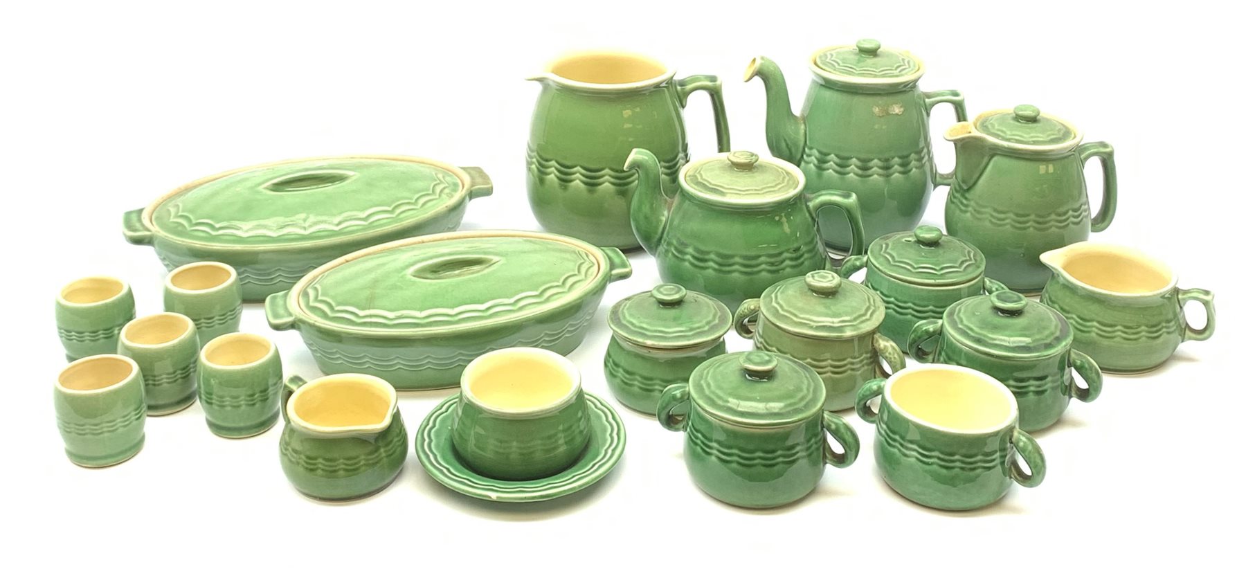 Bourne Denby Epic dinner and tea wares, to include tea pot, hot water pot, and coffee pot, large jug. a number of small twin handled jars (four with covers), milk jug, open sucrier, two tureen and covers, etc. 