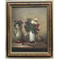 Judith Levin (British 1956-): Plums and Wilting Flowers, oil on board signed with initials 50cm x 40cm 