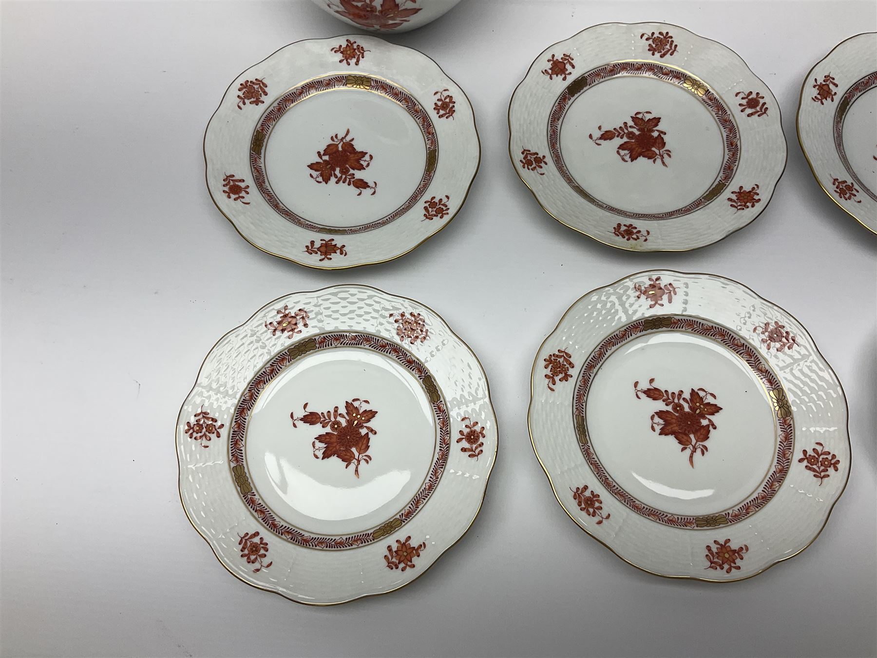 Herend Chinese Bouquet Rose pattern tea service comprising teapot, coffee pot, open sucrier, six cups and saucers, six tea plates, cream jug and stand, milk jug, two teabag holders, preserve pot, two leaf shaped dishes, four egg cups, salt & pepper pots, pair side plates and another plate