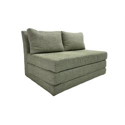 Contemporary two seat futon, upholstered in patterned teal fabric