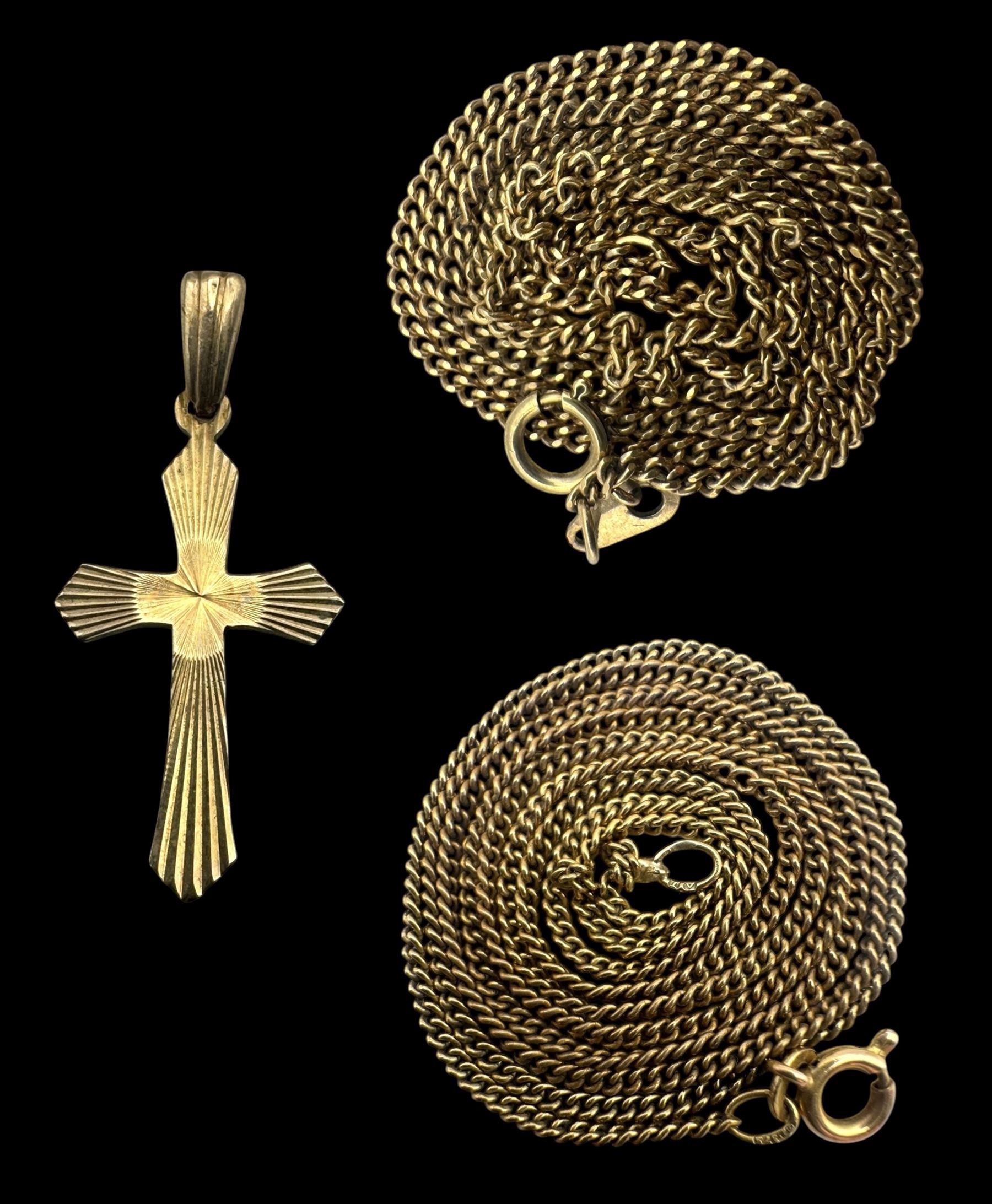 9ct gold jewellery, including two chains and a cross pendant, all hallmarked 