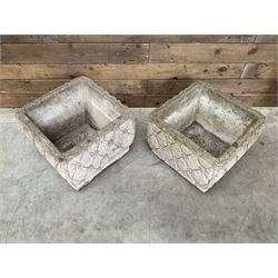 Pair of weathered cast stone square planters, daisy chain detail, one stamped