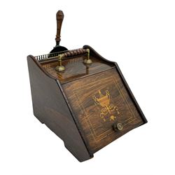 Edwardian inlaid rosewood coal box, the sloped hinged front inlaid with foliate urn and boxwood stringing, with turned handle in brass mounts, together with coal shovel and metal liner