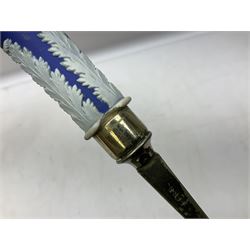 Wedgwood blue Jasperware salad bowl with silver plated collar and matching servers, bowl D22.5cm