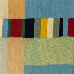 Rugs by Design - ‘Sand Bar’ Nepalese thick pile wool rug, with abstract horizontal bands in cream, blue, camel and dark brown tones, centred by a narrow multicoloured vertical stripe