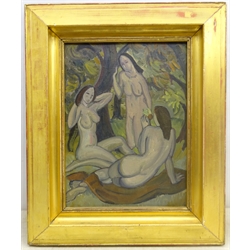 AB (Early 20th century): The Three Graces, post-impressionist oil on panel signed with monogram 44cm x 33cm
