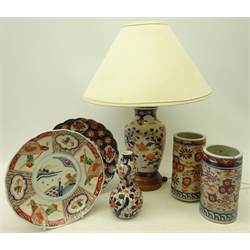  Group of early 20th century Japanese ceramics including a double gourd vase, table lamp and two plates, one having scalloped edge, D22cm and pair matched 19th century Japanese Imari pattern brush pots, H17cm & H16cm   