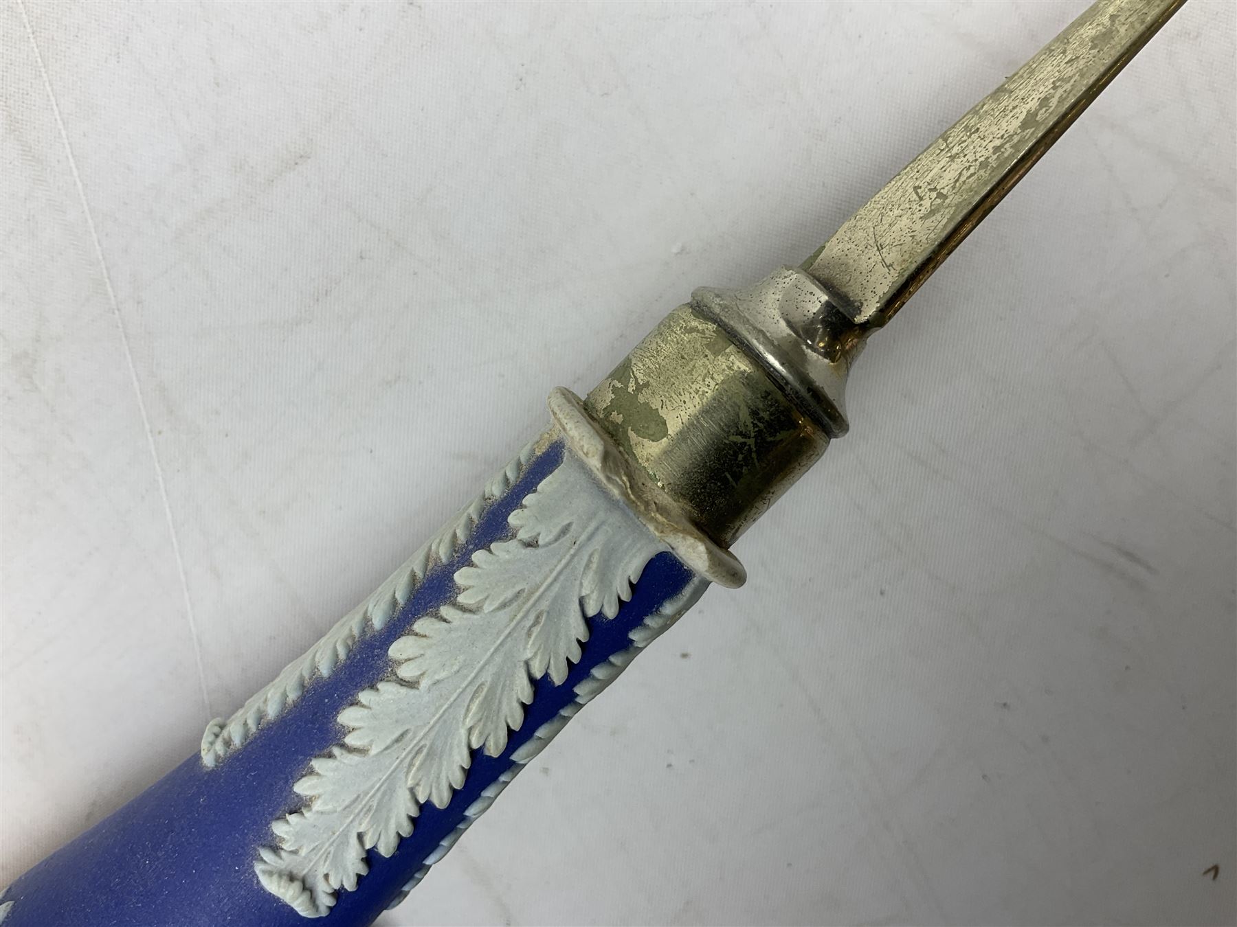 Wedgwood blue Jasperware salad bowl with silver plated collar and matching servers, bowl D22.5cm