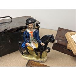 Staffordshire style Dick Turpin figure, wooden box, metal box, Rabone & Sons level, first day covers and other stamps