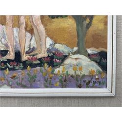 Attrib. Anna 'Nan' Hope Hudson (American 1889-1957): 'Expulsion', oil on board signed, titled on exhibition label verso 44cm x 39cm