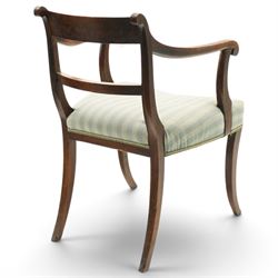 Georgian mahogany reeded carver armchair or elbow chair, bar back and scrolled arm terminals above over-stuffed seat, raised on sabre supports