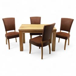 Contemporary oak dining suite, comprising rectangular table with solid top and square legs...