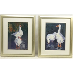  Geese, pair of 20th century pastels, one signed with initial AH 38cm x 28cm (2)  