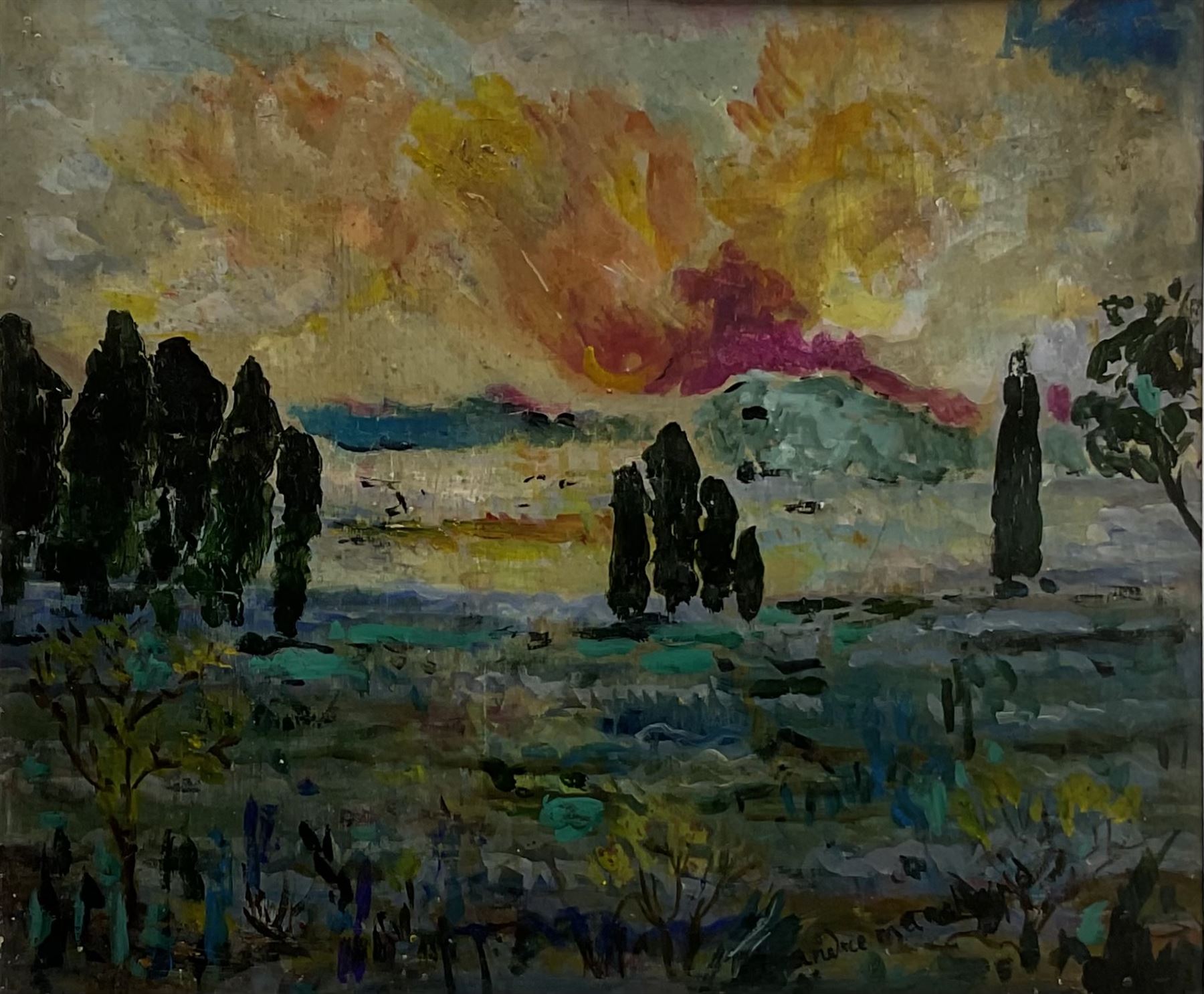 André Marchand (French 1907-1997): 'Summer Fires in Provence', oil on board signed, inscribed and dated 1957 verso 39cm x 46cm
