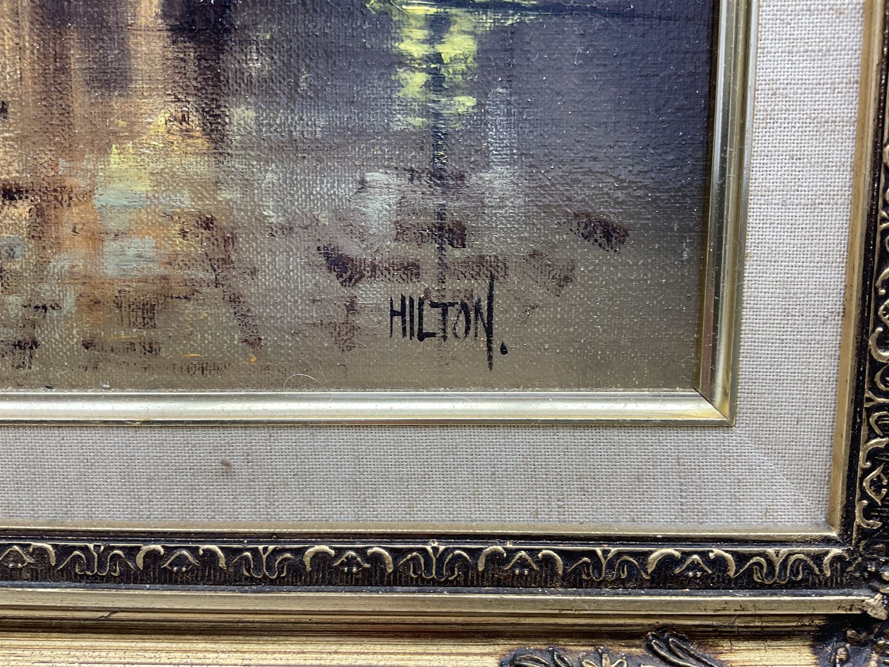 Barry Hilton (British 1941-): Edwardian Street Scene at Night, oil on canvas signed 40cm x 30cm