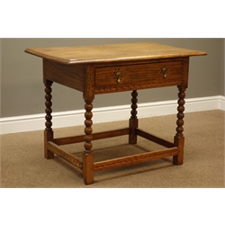  20th century light oak bobbin turned side table with single drawer, W91cm, H68cm, D57cm  