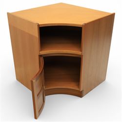 Nathan - concave corner cabinet, each of quarter round form with square top to fit against a wall, with open display compartment above a signature square panelled cupboard door, raised on a recessed plinth base
