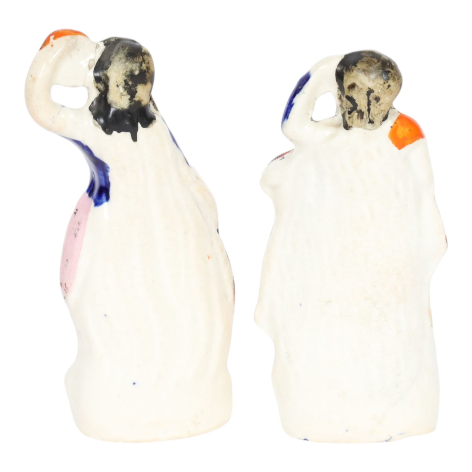 Six 19th century Staffordshire Theatre figures, comprising rare example of Jules Perrot as Diavolino, Jules Perrot as Albrecht, Carlotta Grisi as Esmeralda, Carlotta Grisi as Esmeralda and Jules Perrot as Gringoire, and further pair, tallest example H24.5cm


