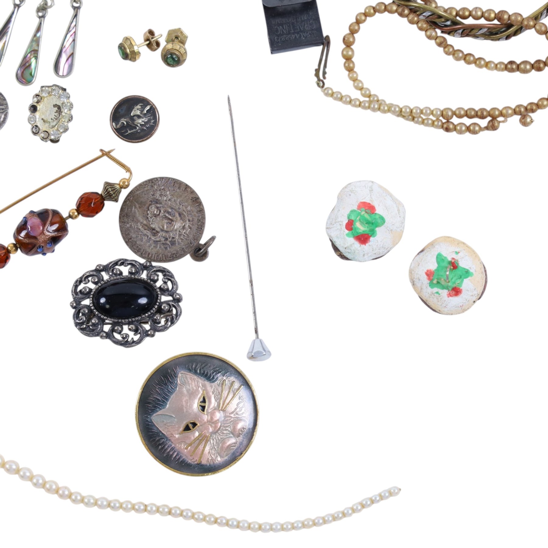 Silver collared glass bottle and a collection of costume jewellery, including beaded necklaces, ring, wristwatch, etc
