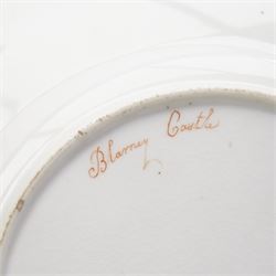 H&R Daniel Queen's shape porcelain plate, centrally painted with Blarney Castle, within a polychrome floral painted border, titled beneath, D25cm and another plate painted with a view of Warwick Castle (2)