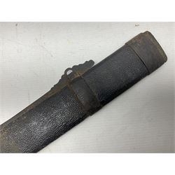 Chinese Boxer Rebellion Period Sword, 69.5cm heavy curved single edge blade with single narrow fuller, plain iron dished circular guard, iron pommel and ferrule with plaited cord bound grip; in skin covered wooden scabbard with iron chape and long suspension mount L95cm overall