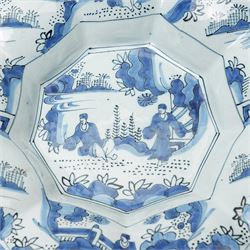 Early 18th century Frankfurt tin glazed earthenware shallow dish decorated in blue with panels of Chinese figures and landscapes D34cm