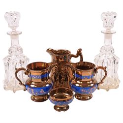 Royal Doulton nursery rhyme trio 'there was a little man, and he had a little gun', pewter coffee pot and tankards, commemorative ware, two mallet decanters, etc