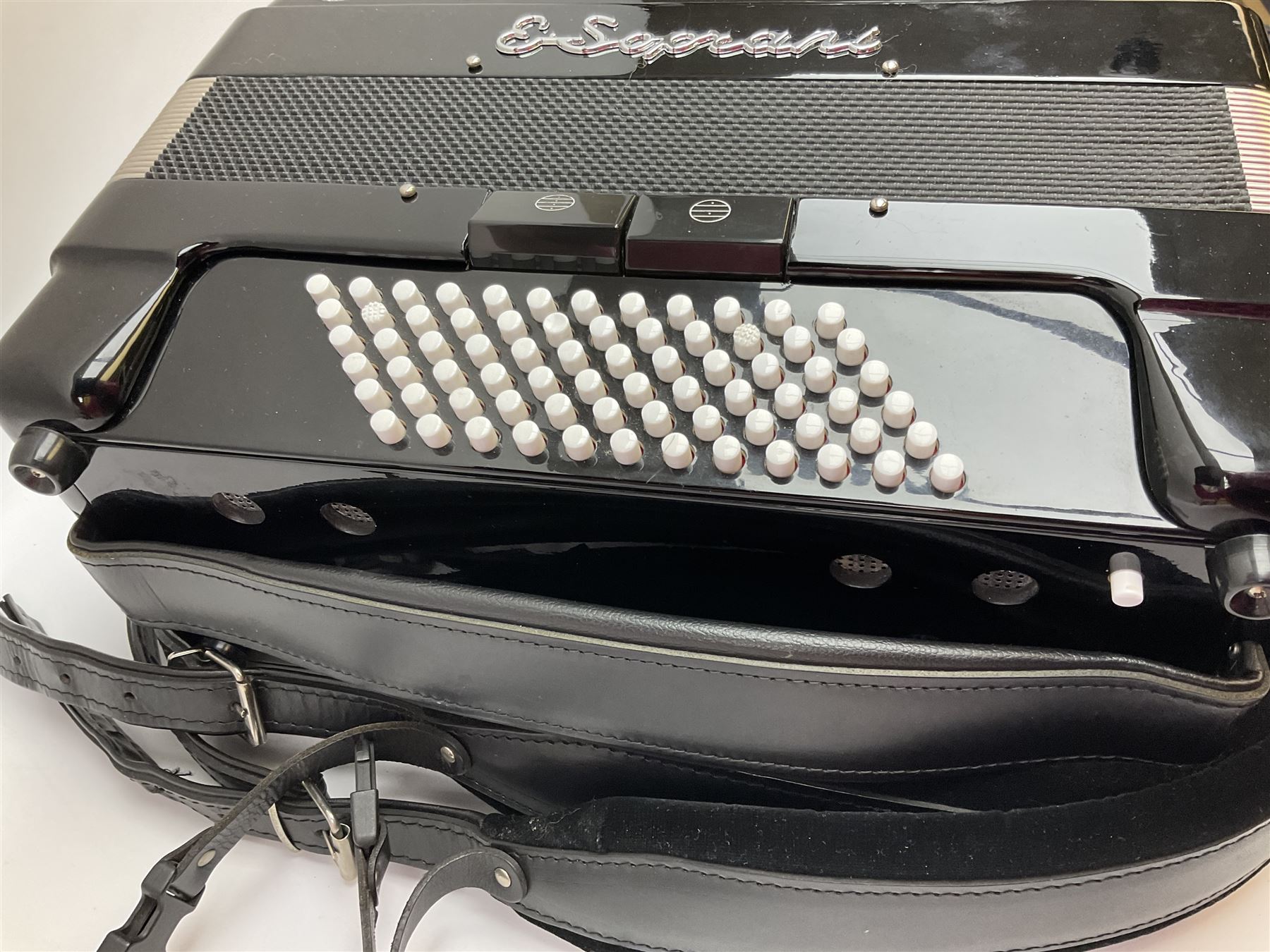 Italian E. Soprani piano accordion in black and silver case, twenty