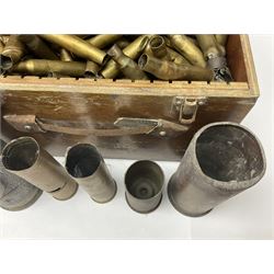 Large collection of shell and bullet casings, including a trench art example, together with a metal cartage case and wooden case