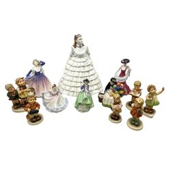 Three Royal Doulton figures, comprising of Top o' the hill HN2126, The old Balloon Seller HN4809, Ninette HN3215, together with three Coalport figures and six Goebel Hummel figures