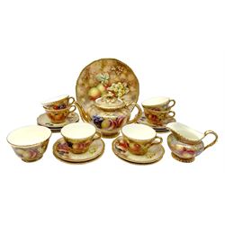 Royal Worcester tea service for six, hand painted with fruits and heightened with gilt, signed J Smith, comprising teapot, teacups, saucers, side plates, sucrier, milk jug and plate, each with black printed mark beneath 