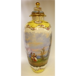  Berlin (K.P.M) porcelain floor vase and cover, c1900, the ovoid body hand painted with a Skirmish scene below a burning windmill and military camp scene after Philips Wouwermans (1619-1668) the yellow border having floral garlands, gilded bead work & floral cartouche panels, the cover hand painted with a similar scene, underglaze blue scepter mark to base, H84cm   
