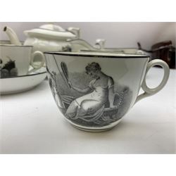 Early 19th century Staffordshire bat printed part tea service, decorated in black after Adam Buck with scenes of mother and child and other varying classical style scenes, within black bands, comprising teapot, slop bowl, jug, seven teacups and five saucers 