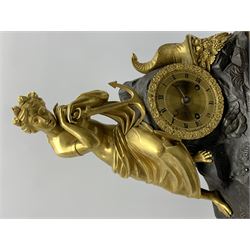 Late 19th century Neo Classical gilt metal and ormolu figural mantel clock, the circular Roman dial with flower head cast slip flanked by figure of a semi-woman leaning on anchor and cornucopia on naturalistic base, the frieze with decorative wreath mount, stepped moulded base, on lunette feet, twin train driven eight day movement striking on bell inscribed 'Alibert a Paris'