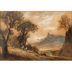Attrib. James Duffield Harding (British 1798-1863): View of the East Yorkshire Coast, pencil unsigned 18cm x 27.5cm; Continental School (19th/20th century): Girl Underneath Archway, watercolour unsigned 24cm x 16cm and English School (19th/20th century): Horse Riders in a Forest Clearing, oil on board indistinctly signed 14cm x 20cm (3)