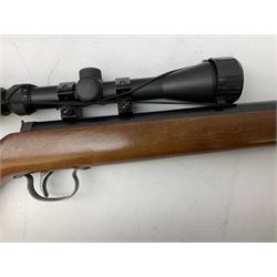 Air Wolf West Germany .22 air rifle with break barrel action, fitted with Nikko Stirling Mountmaster 3-9 x 49 telescopic sight, serial no.E87887 L106cm; in gun sling