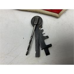 Miscellaneous militaria including two Royal Artillery and one Royal Horse Artillery stable belts; Northamptonshire Regiment trench art brass shell case lighter; unused Matchless Fire-Set; pocket knives and multi-tool; lanyards; oak shield with York & Lancaster crest etc