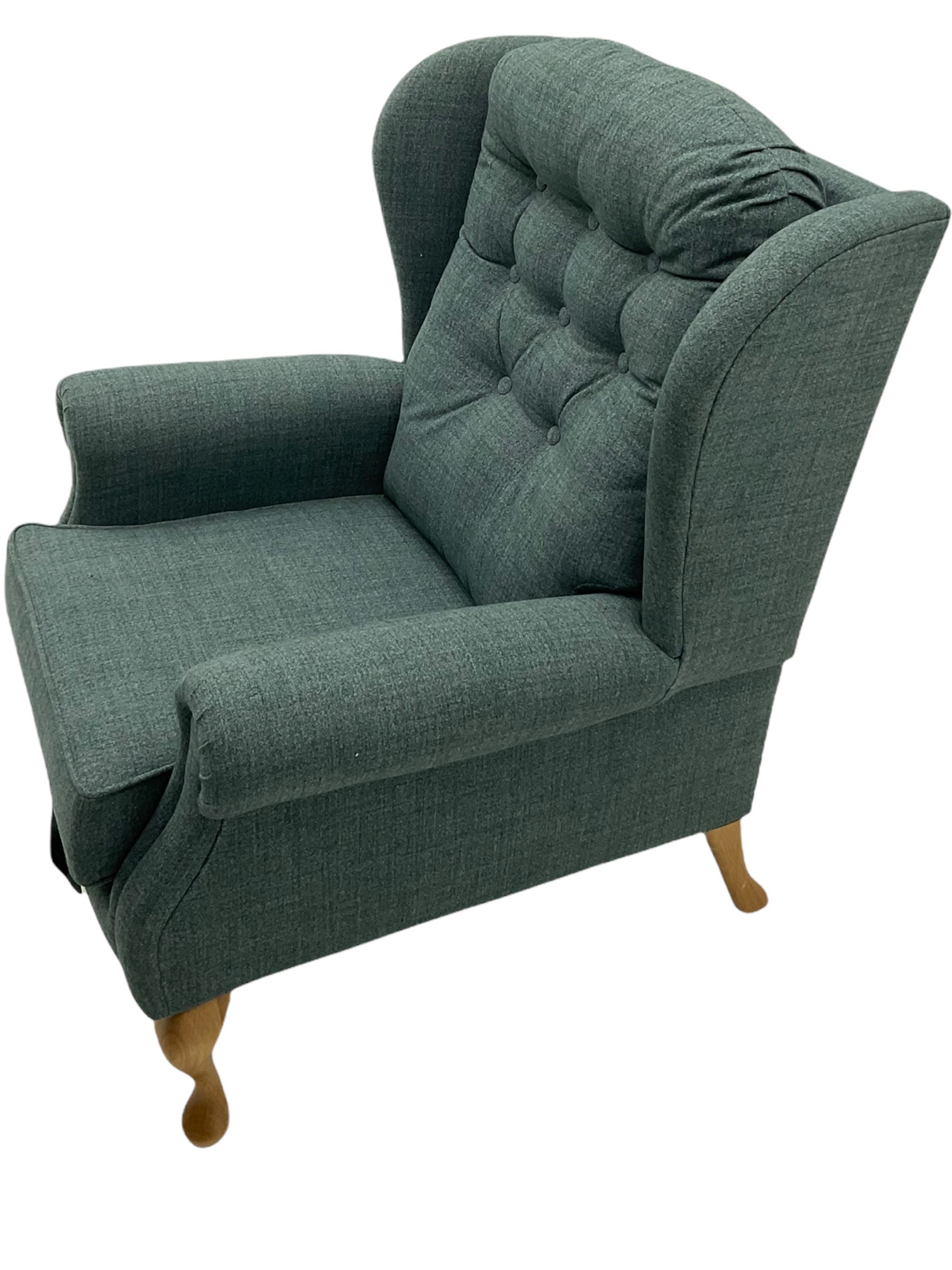 Sherborne England Lyndon fireside armchair, upholstered in Highland Baltic fabric, light oak legs