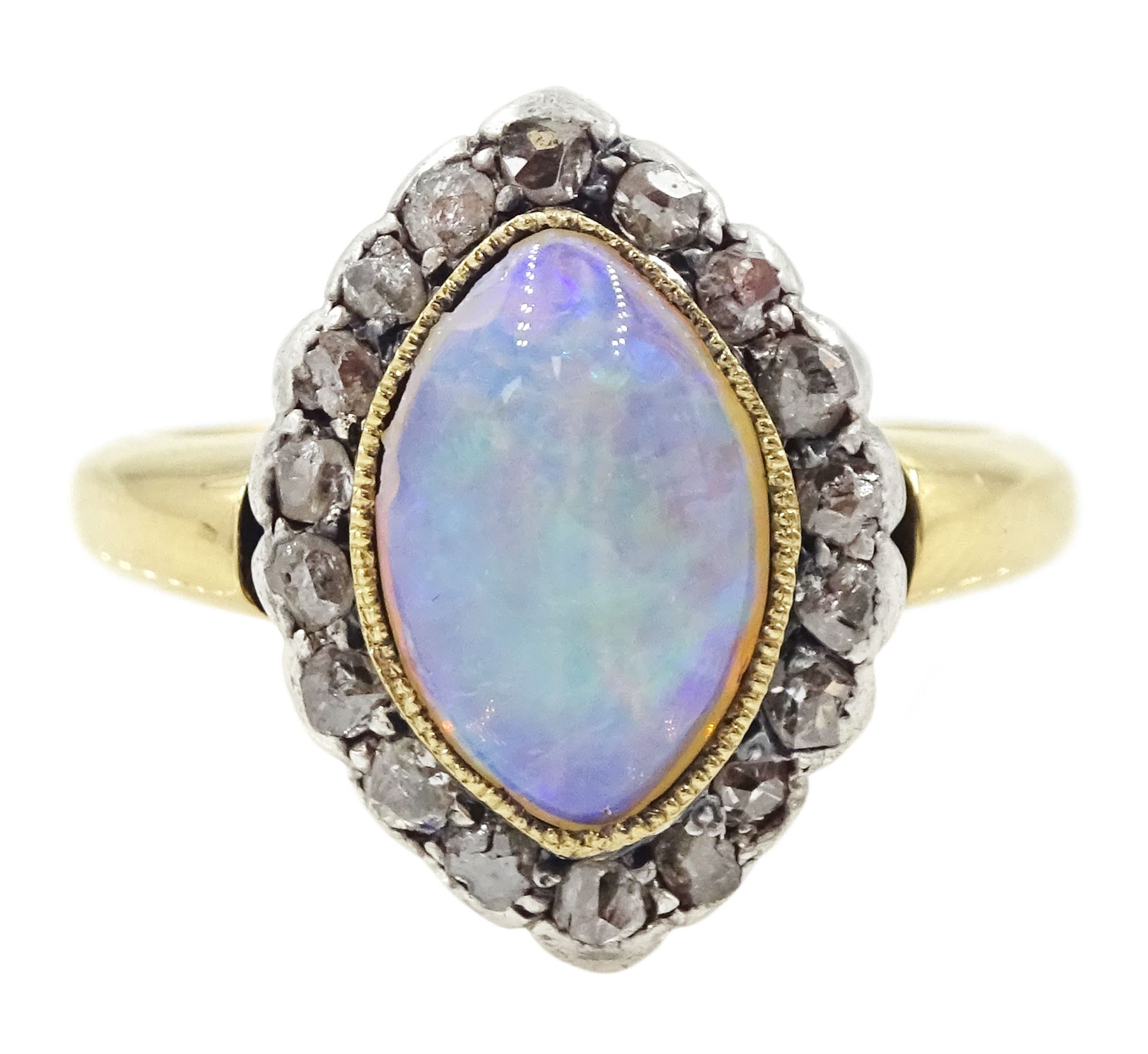 19th / early 20th century silver and gold, marquise cut opal and rose cut diamond cluster ring, stamped 18ct
