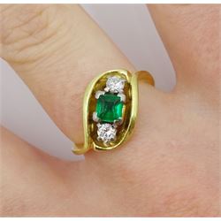 18ct gold three stone square cut emerald and round brilliant cut diamond cross over ring, emerald approx 0.45 carat