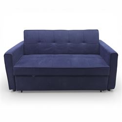 Modern two seat sofa bed upholstered in navy fabric, the rectangular back and seat divided into stitched square panels, with integrated button detailing, straight padded arms of square section, the seat back lowering and extending drawer base to form a sleeping platform