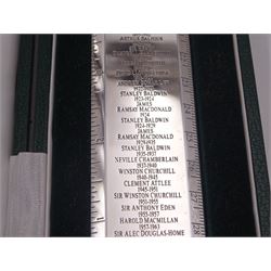 Modern silver 'Premier Rule' ruler, by Richard Jarvis of Pall Mall, engraved with the names and dates of British Prime Ministers from 1721 to 1997,  hallmarked Richard Jarvis, London 2003, L33.5cm, within silk and velvet lined fitted case
